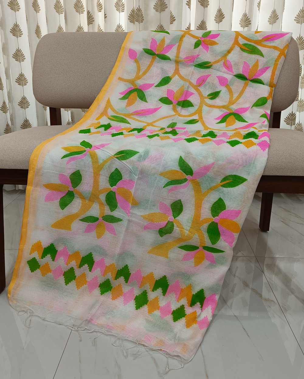 White Cotton Blended Saree With Colorful Floral Print