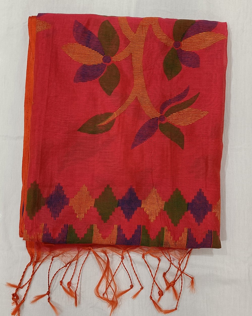 Red Cotton Blended Saree With Colorful Floral Print