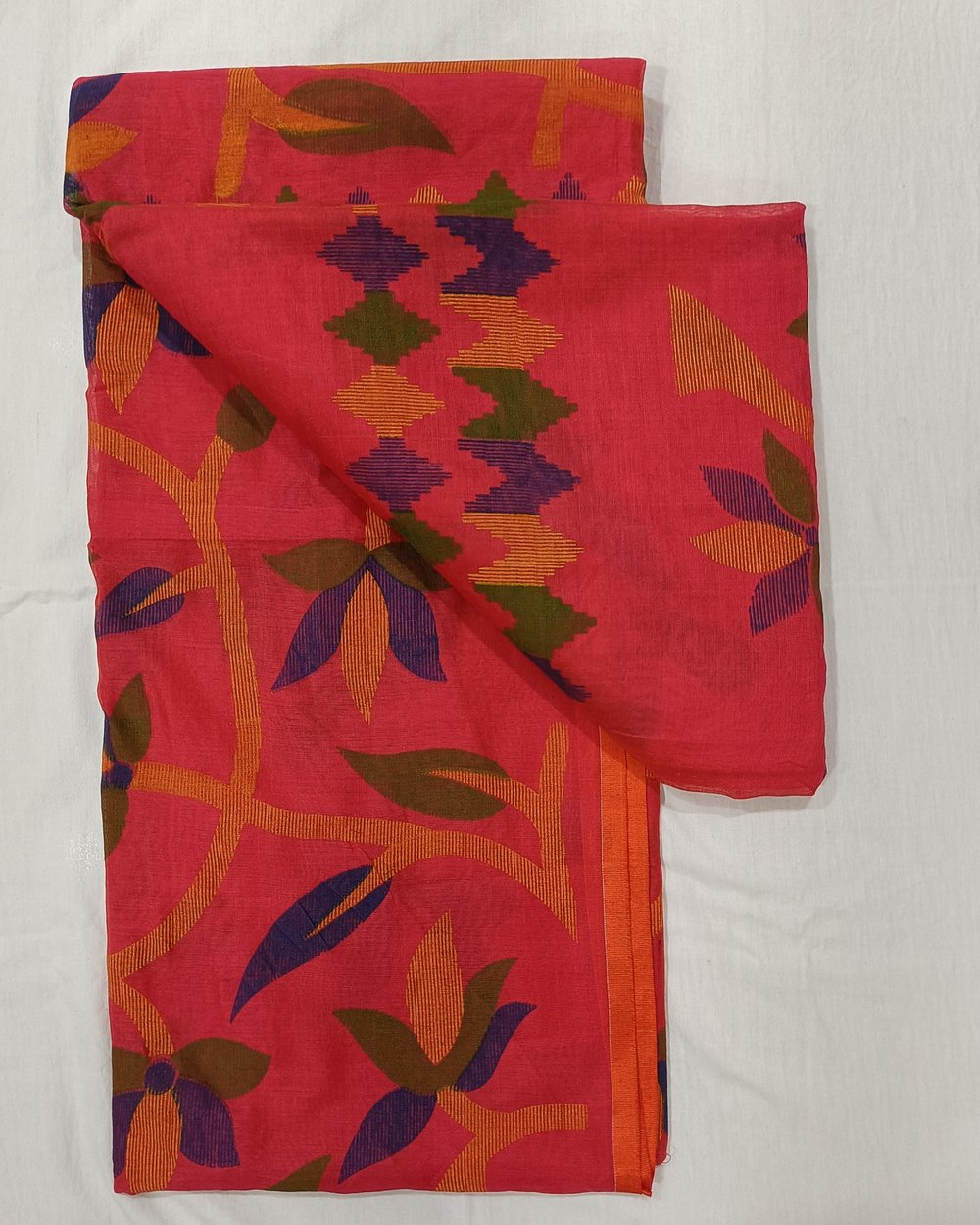 Red Cotton Blended Saree With Colorful Floral Print