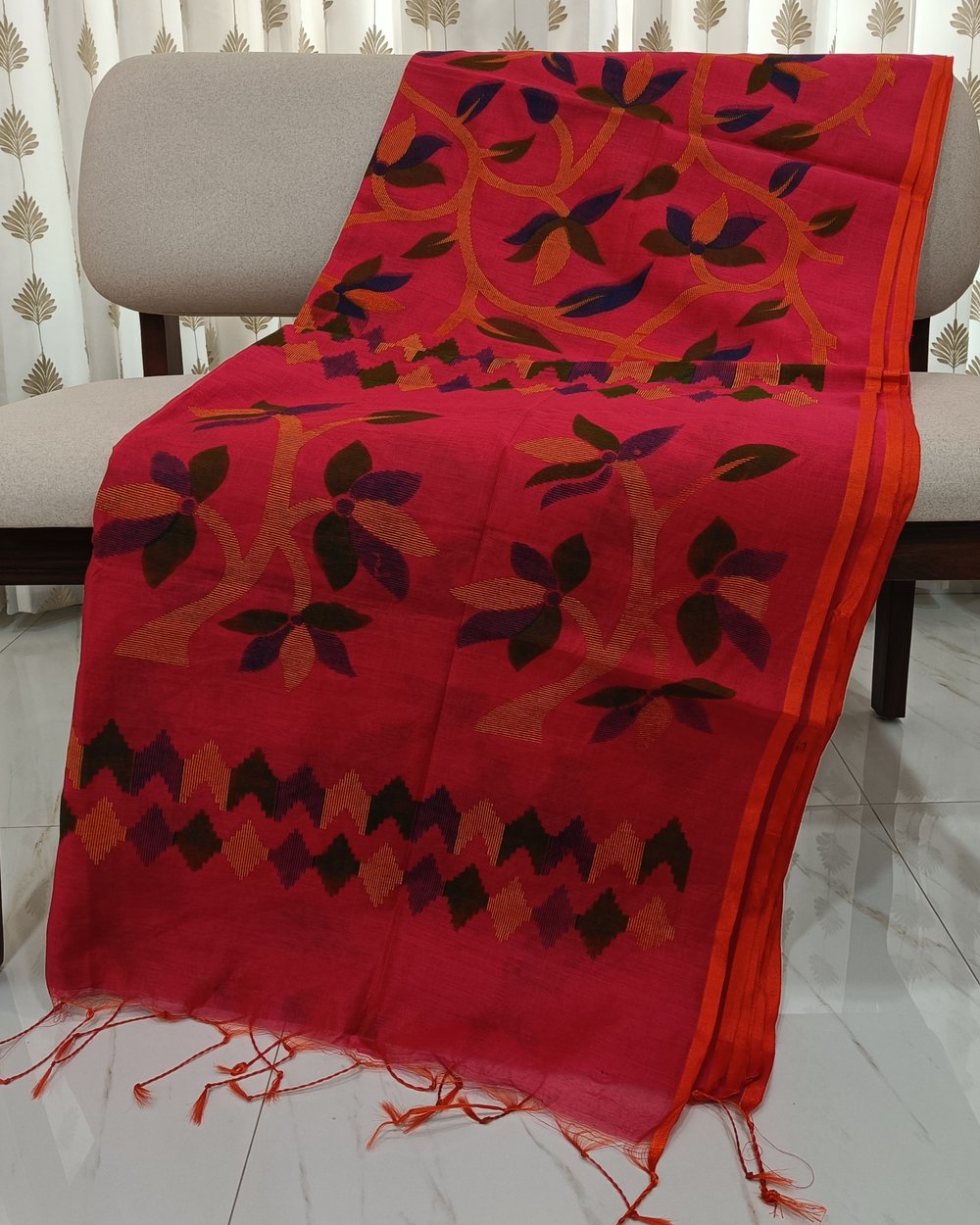 Red Cotton Blended Saree With Colorful Floral Print