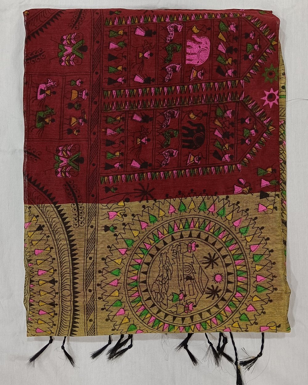 Madhubani Print on Maroon and Beige Color Cotton Blended Saree