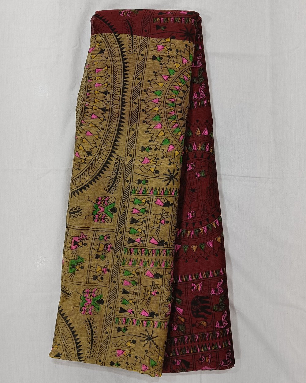 Madhubani Print on Maroon and Beige Color Cotton Blended Saree