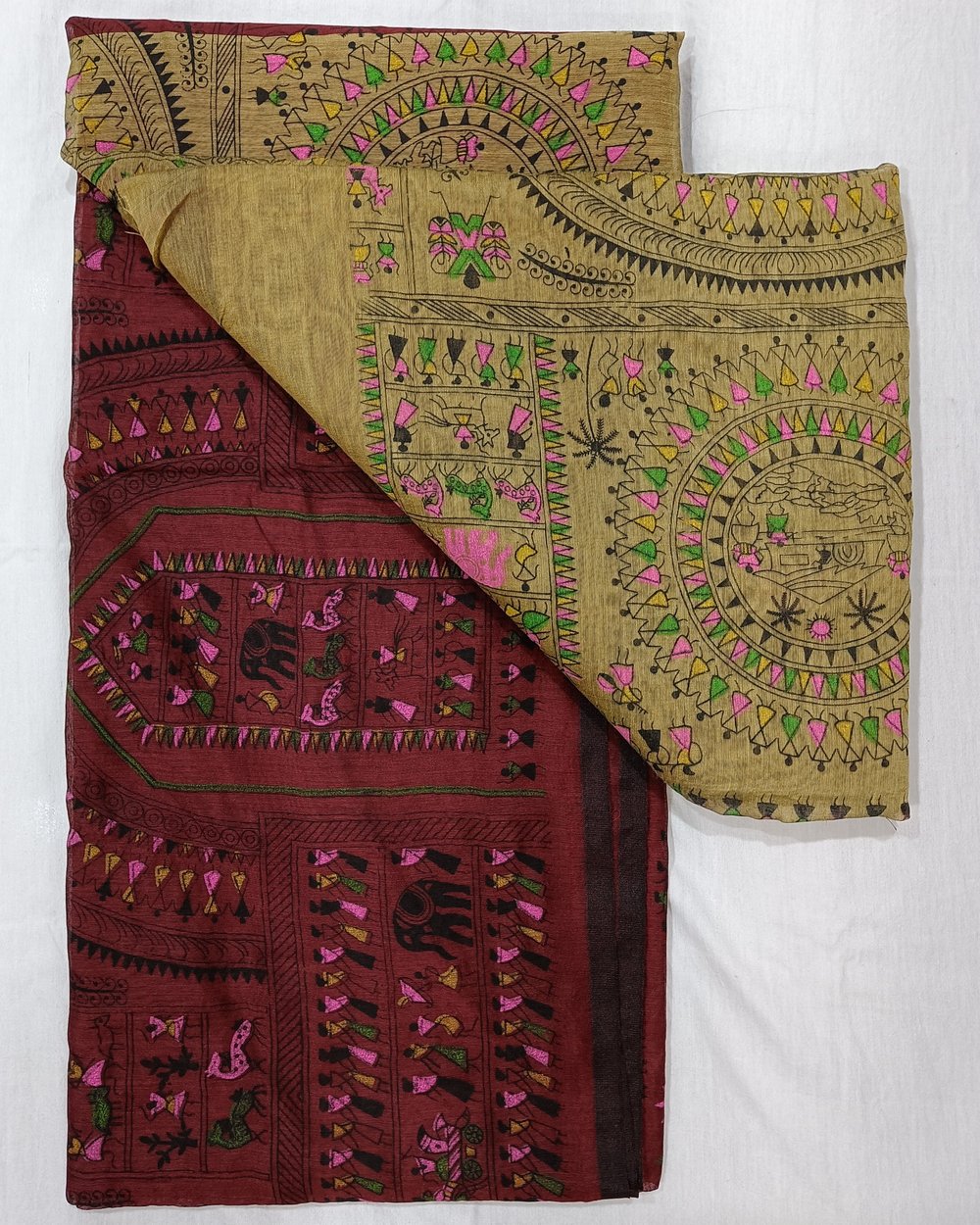 Madhubani Print on Maroon and Beige Color Cotton Blended Saree