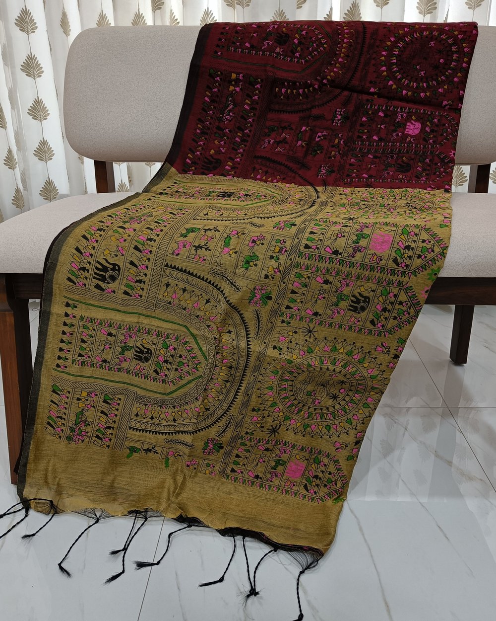 Madhubani Print on Maroon and Beige Color Cotton Blended Saree