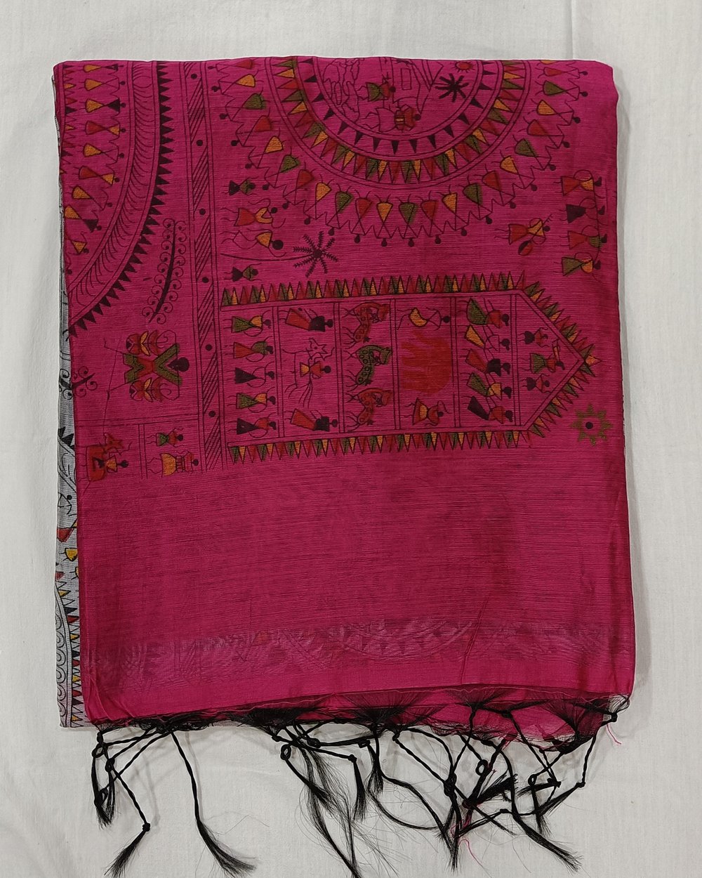 Madhubani Print on Light Grey and Pink Color Cotton Blended Saree