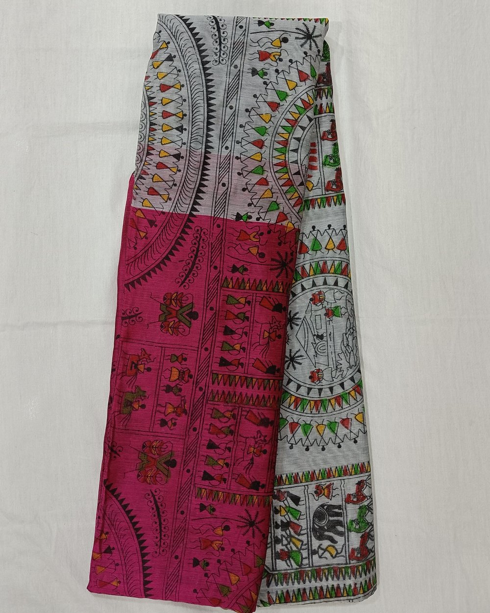 Madhubani Print on Light Grey and Pink Color Cotton Blended Saree