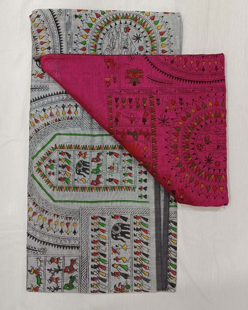 Madhubani Print on Light Grey and Pink Color Cotton Blended Saree