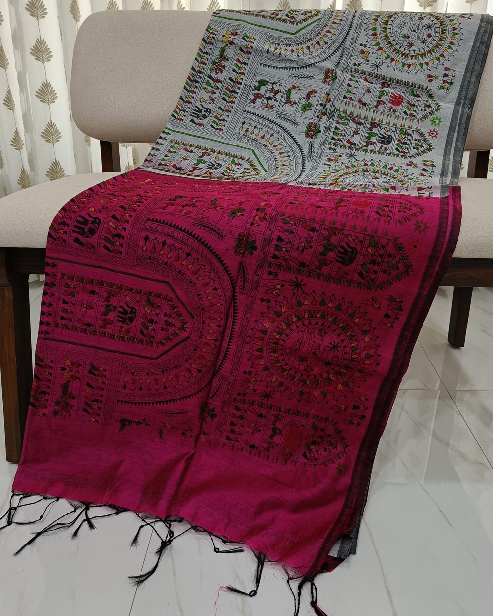 Madhubani Print on Light Grey and Pink Color Cotton Blended Saree