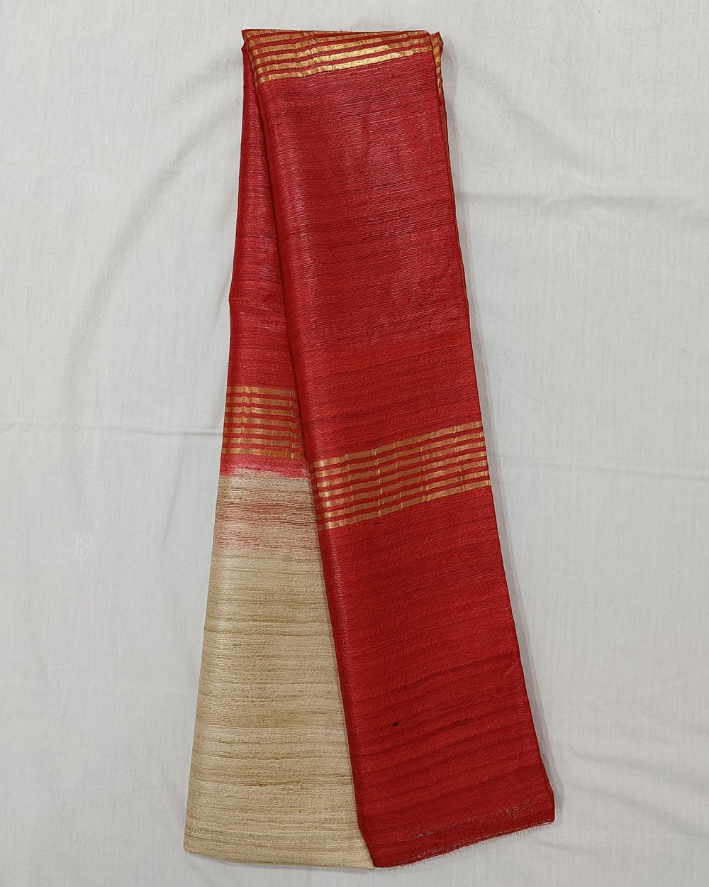 Pure Ghicha Silk Saree in Cream and Red Color