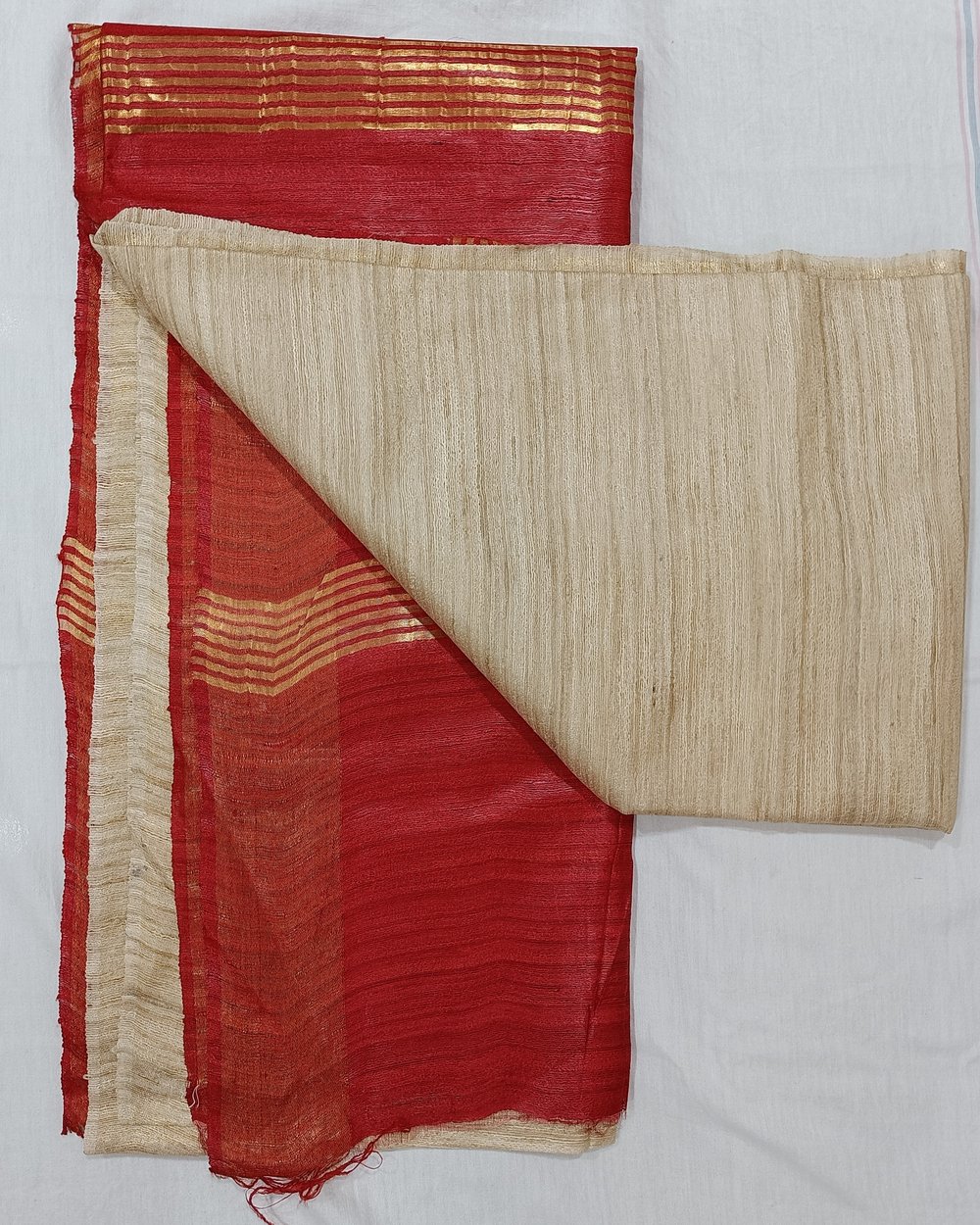 Pure Ghicha Silk Saree in Cream and Red Color