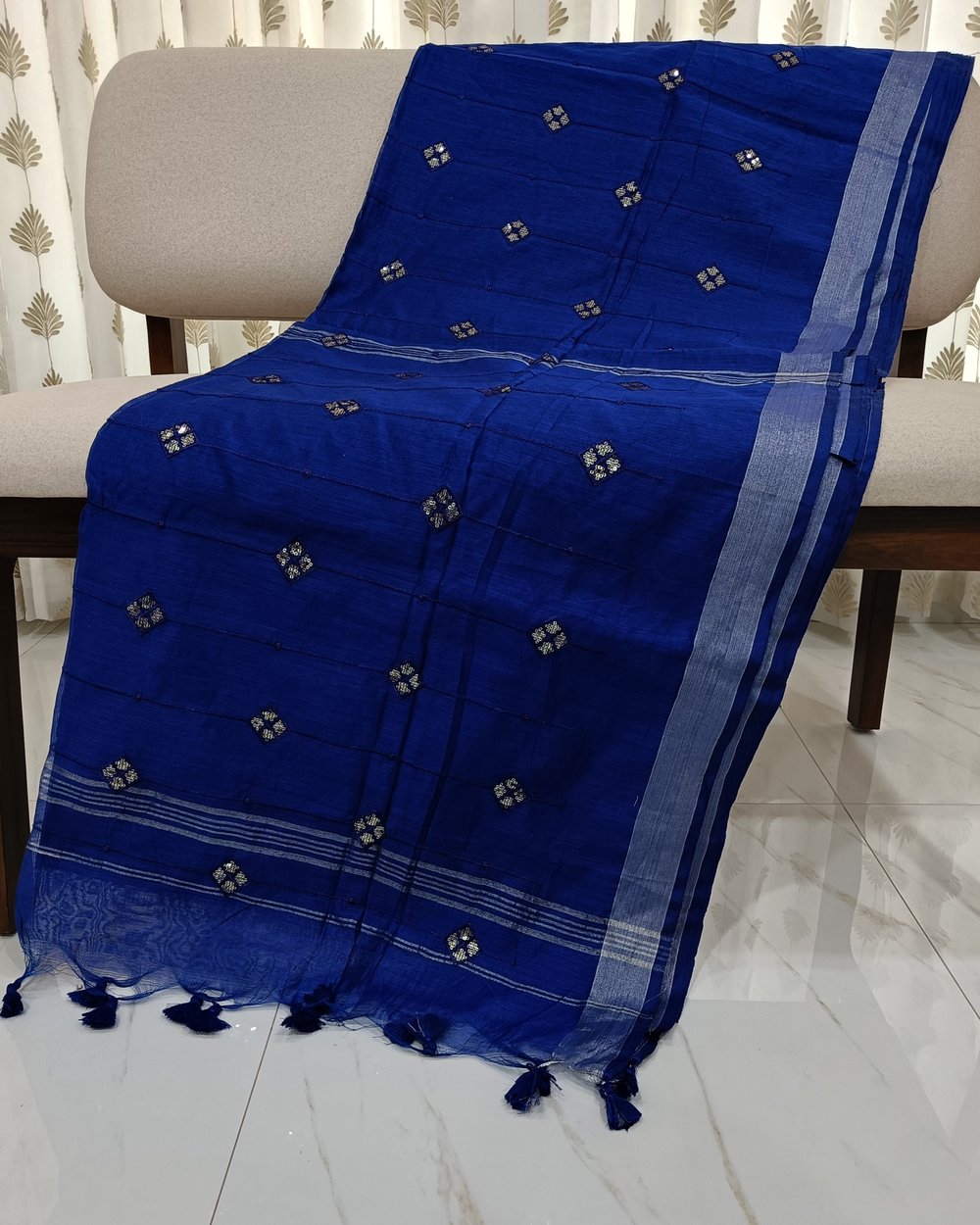 Sequence Work on Royal Blue Cotton Blended Saree