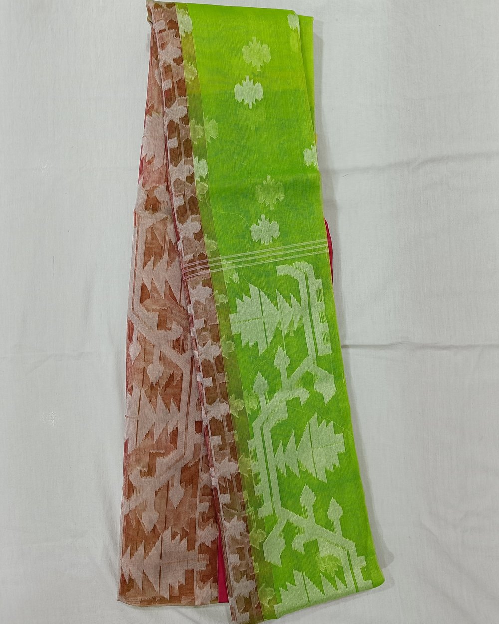 Lime Green and Pink Transparent Mulsin Saree 