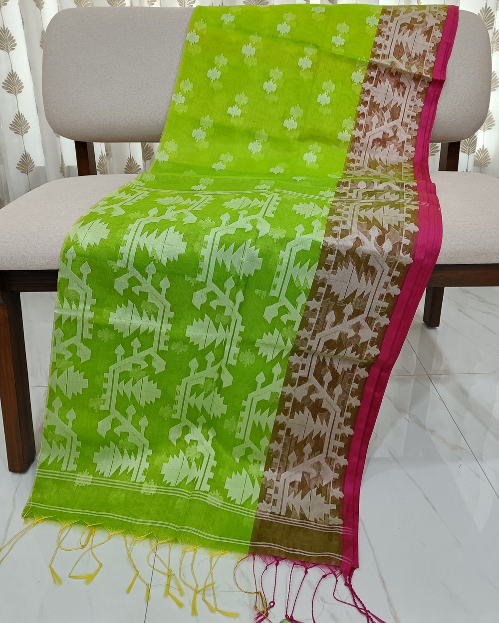 Lime Green and Pink Transparent Mulsin Saree 