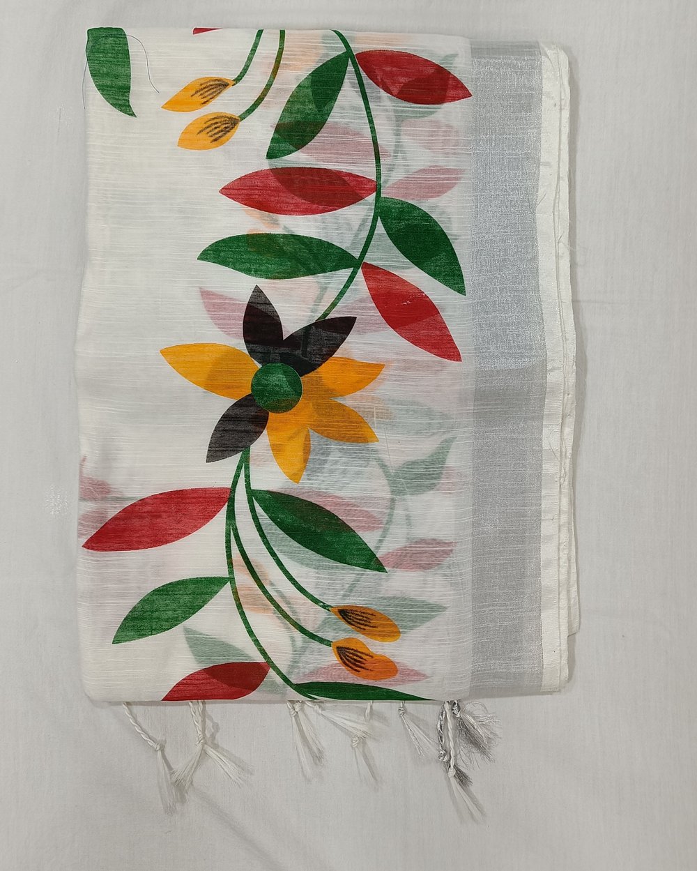 White Pure Cotton Saree With Colorful Floral Print