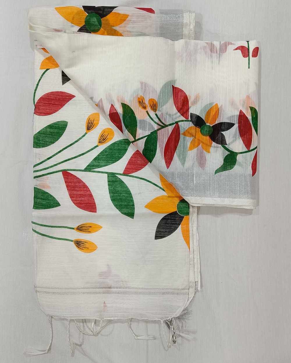 White Pure Cotton Saree With Colorful Floral Print