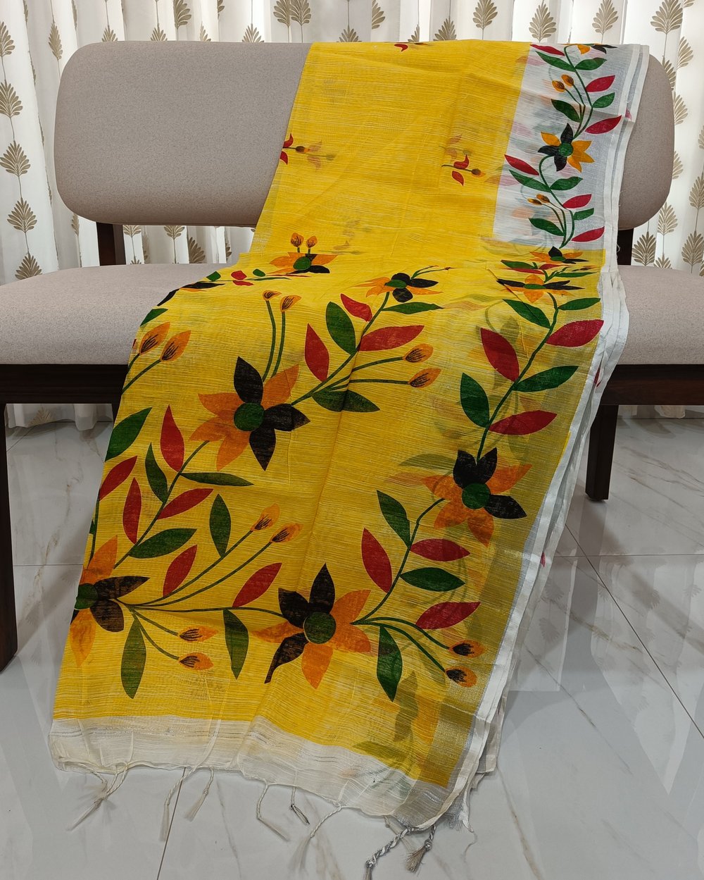 Yellow Pure Cotton Saree With Colorful Floral Print