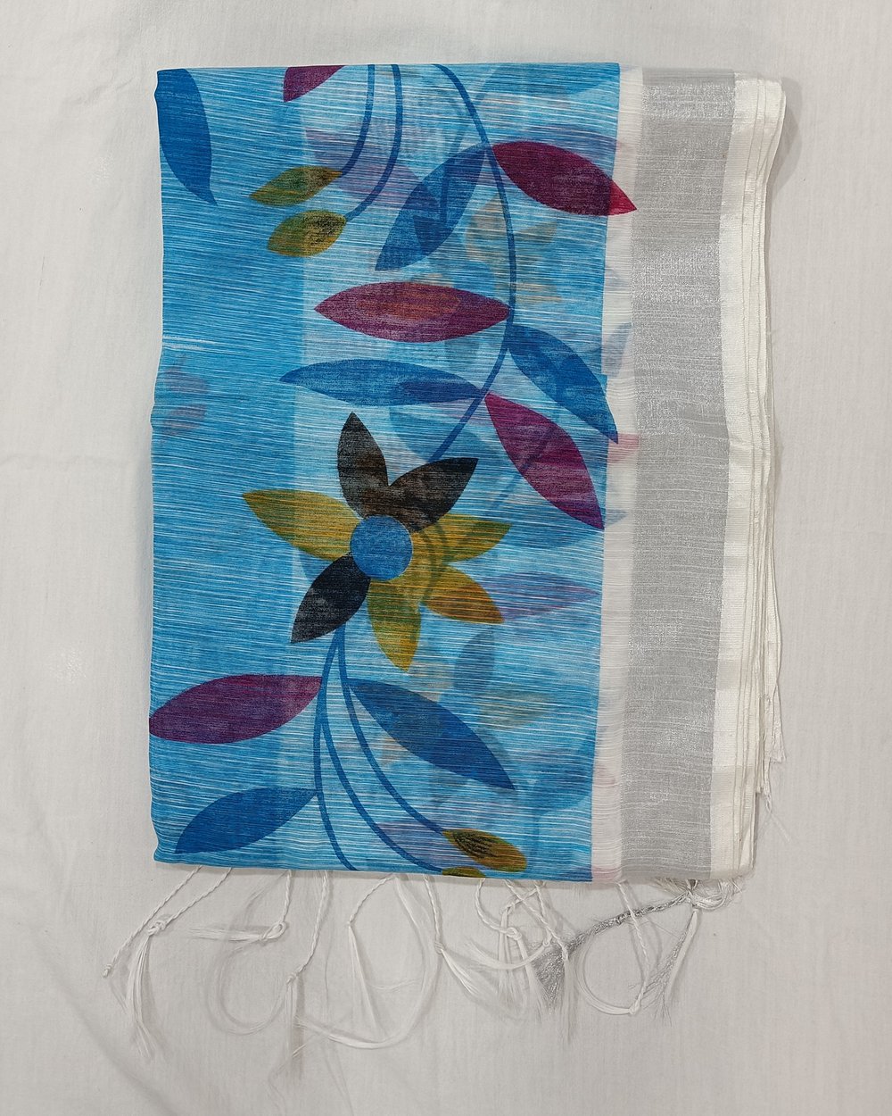 Blue Pure Cotton Saree With Colorful Floral Print