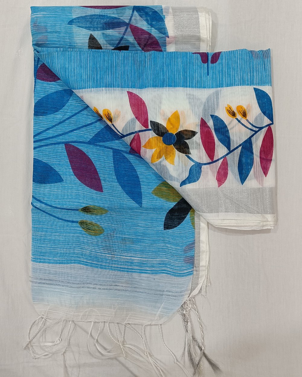 Blue Pure Cotton Saree With Colorful Floral Print