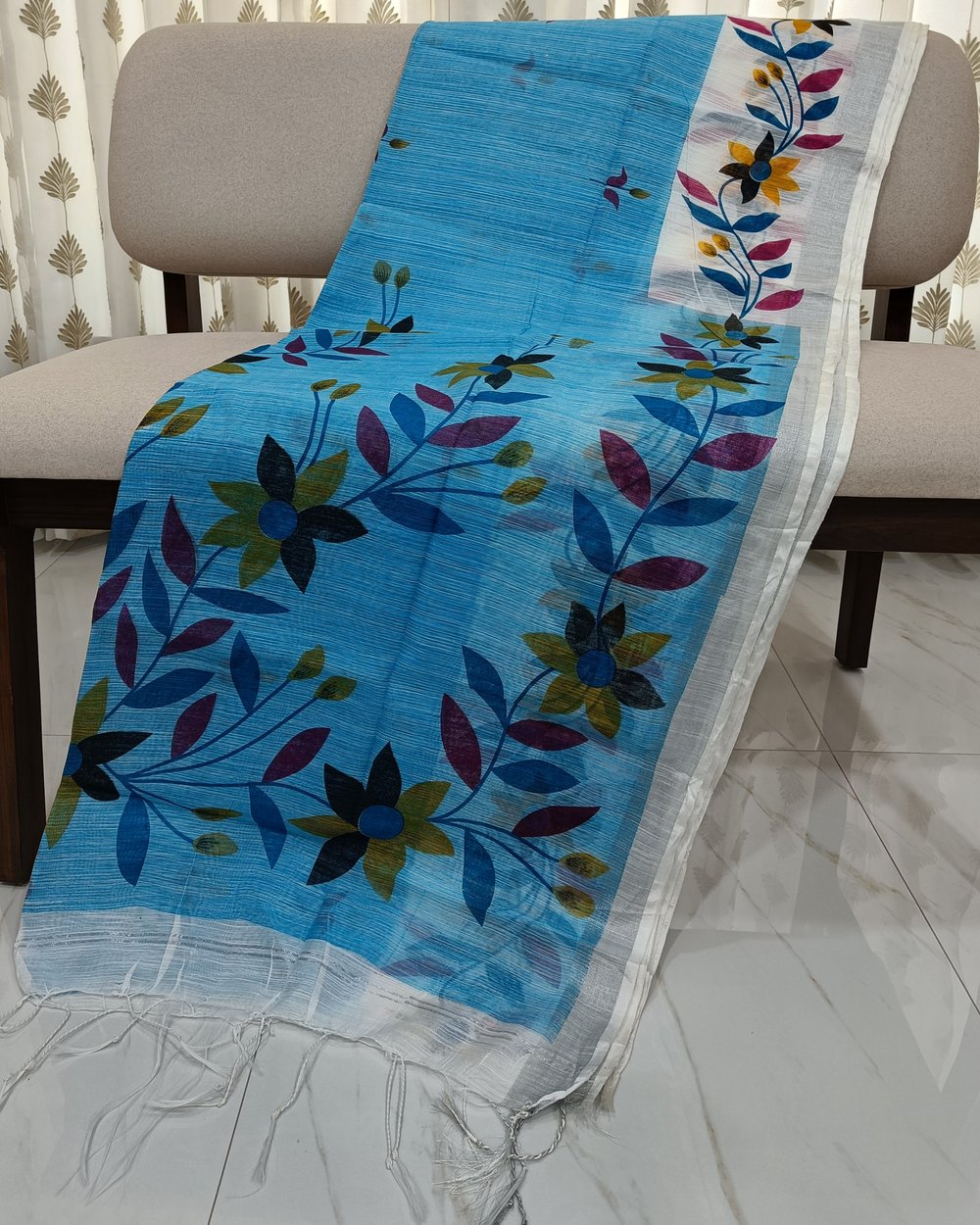 Blue Pure Cotton Saree With Colorful Floral Print