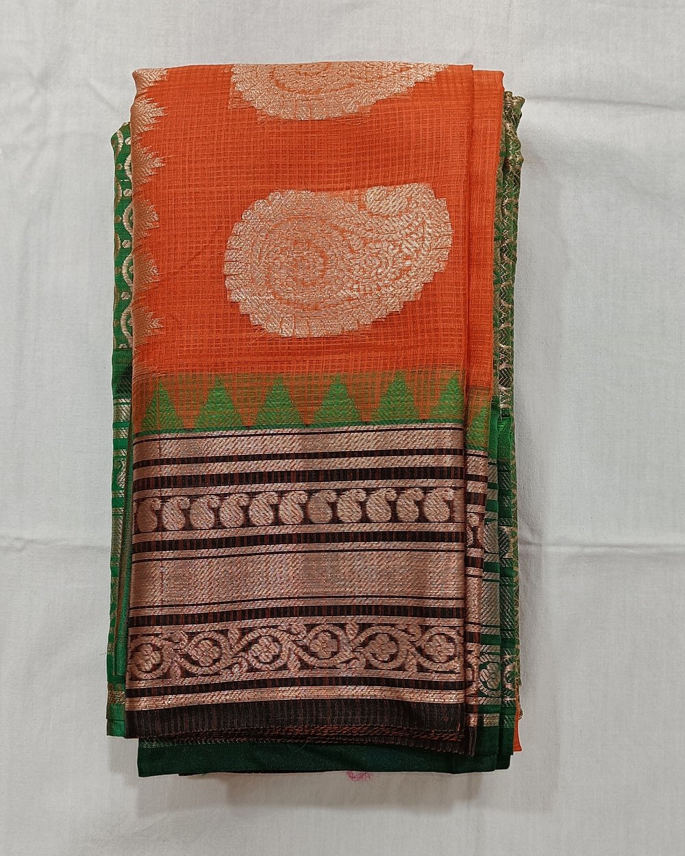 Green Kota Gadwal Saree With Golden Zari Orange Pallu