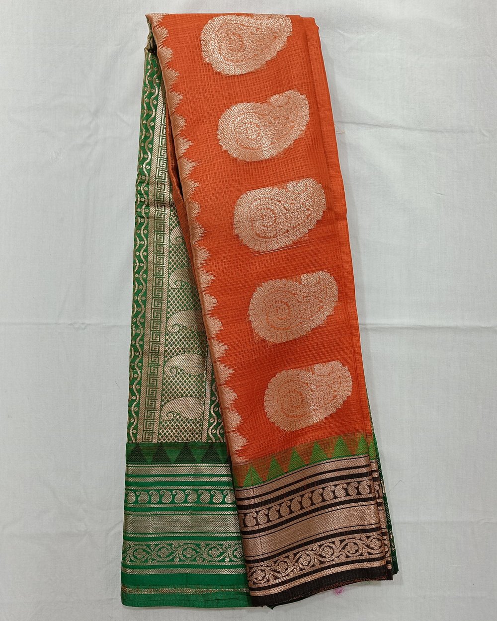 Green Kota Gadwal Saree With Golden Zari Orange Pallu