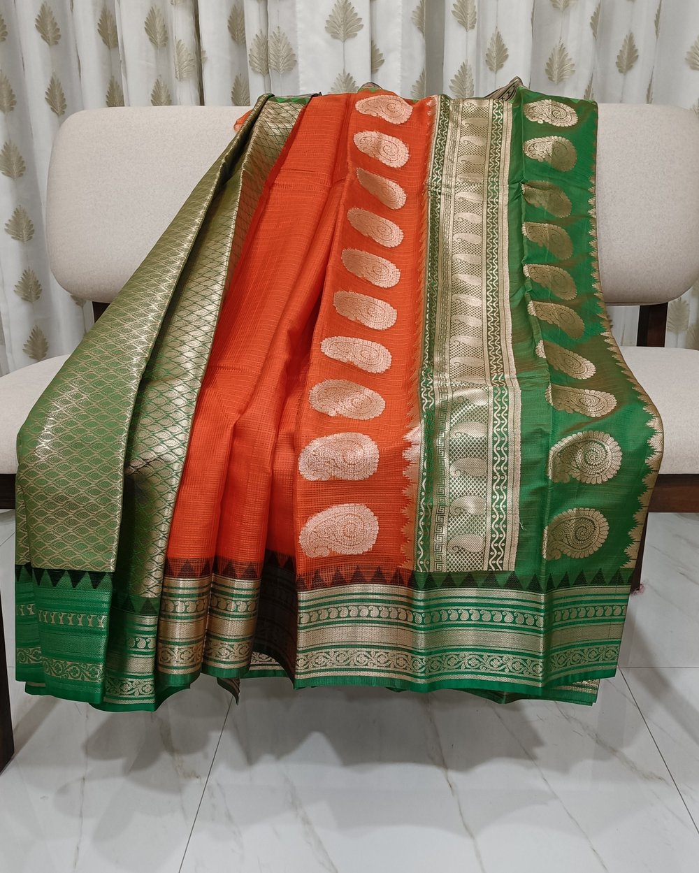 Green Kota Gadwal Saree With Golden Zari Orange Pallu