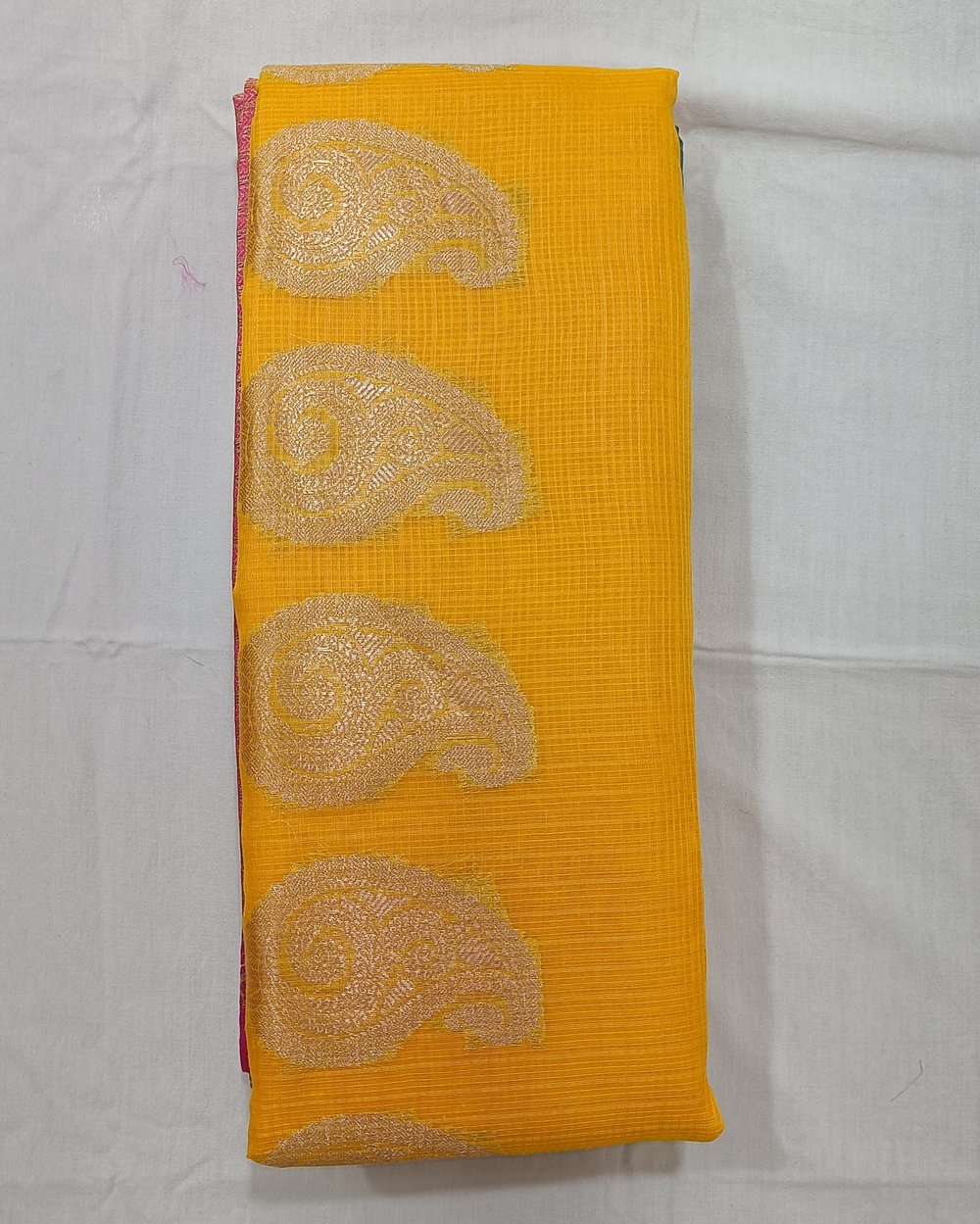Yellow Kota Gadwal Saree With Golden Zari Pink Pallu