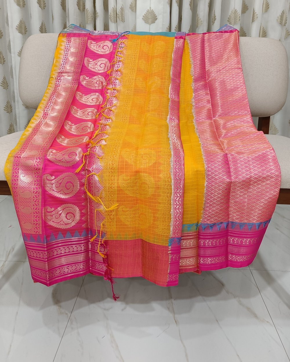 Yellow Kota Gadwal Saree With Golden Zari Pink Pallu