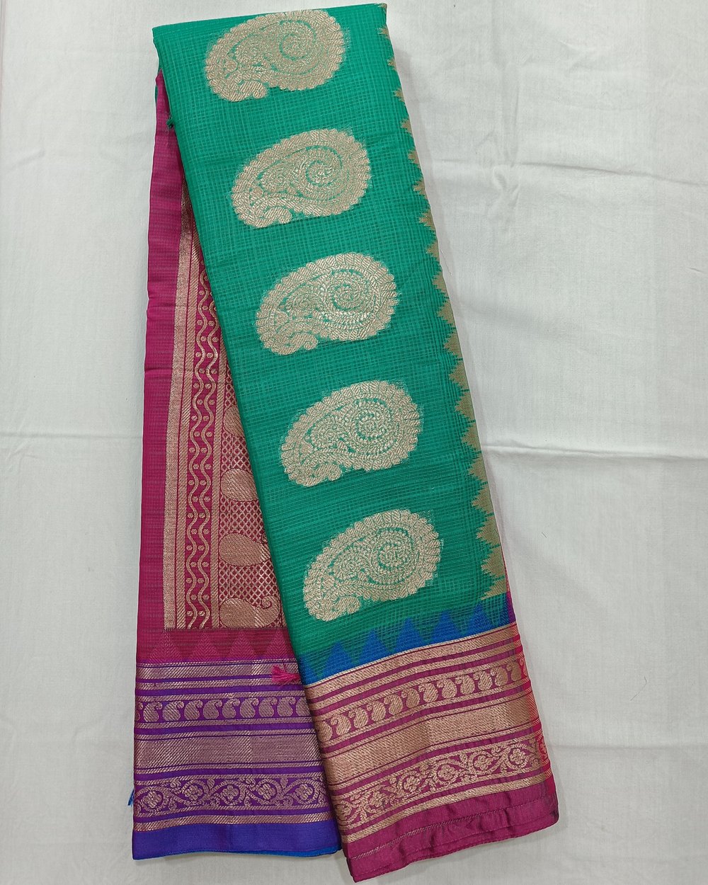 Green Kota Gadwal Saree With Golden Zari Pink Pallu