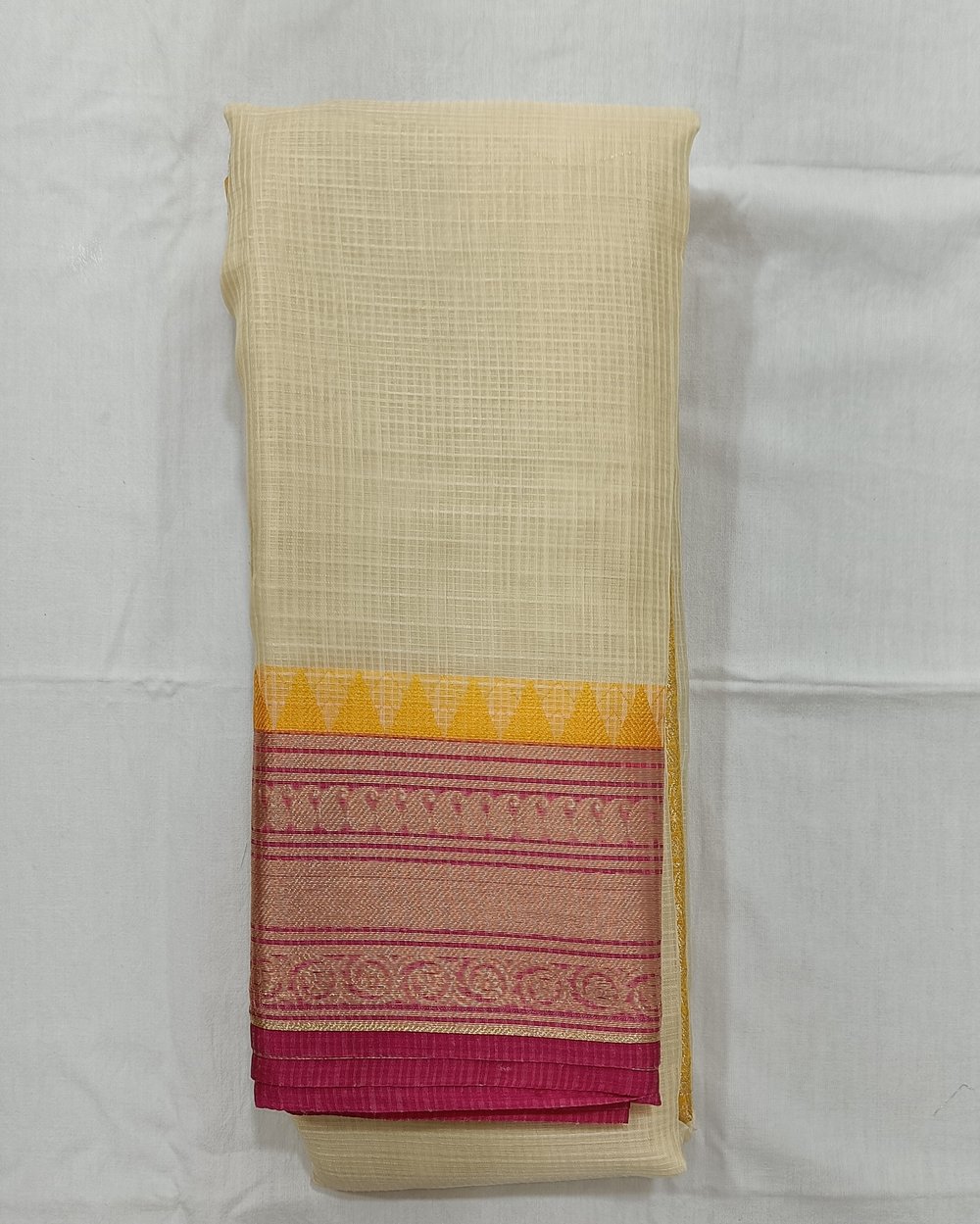 Cream Kota Gadwal Saree With Golden Zari Yellow Pallu
