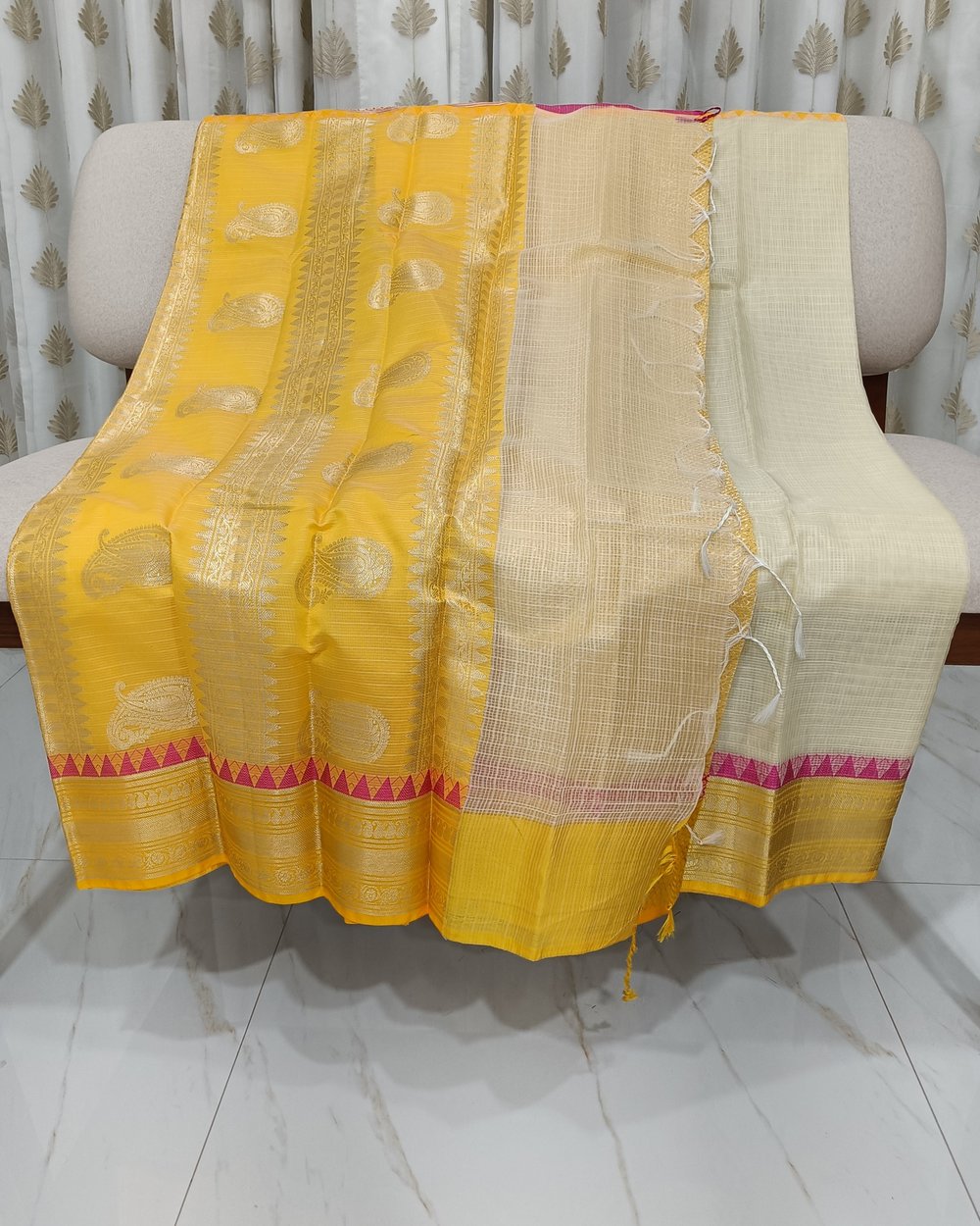 Cream Kota Gadwal Saree With Golden Zari Yellow Pallu