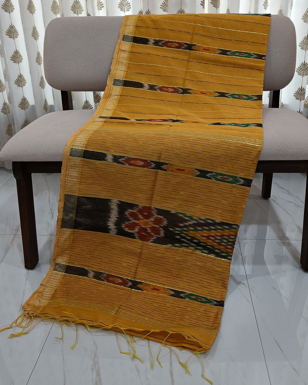 Yellow Cotton Blended Saree With Popular Sambalpuri Kotki Work