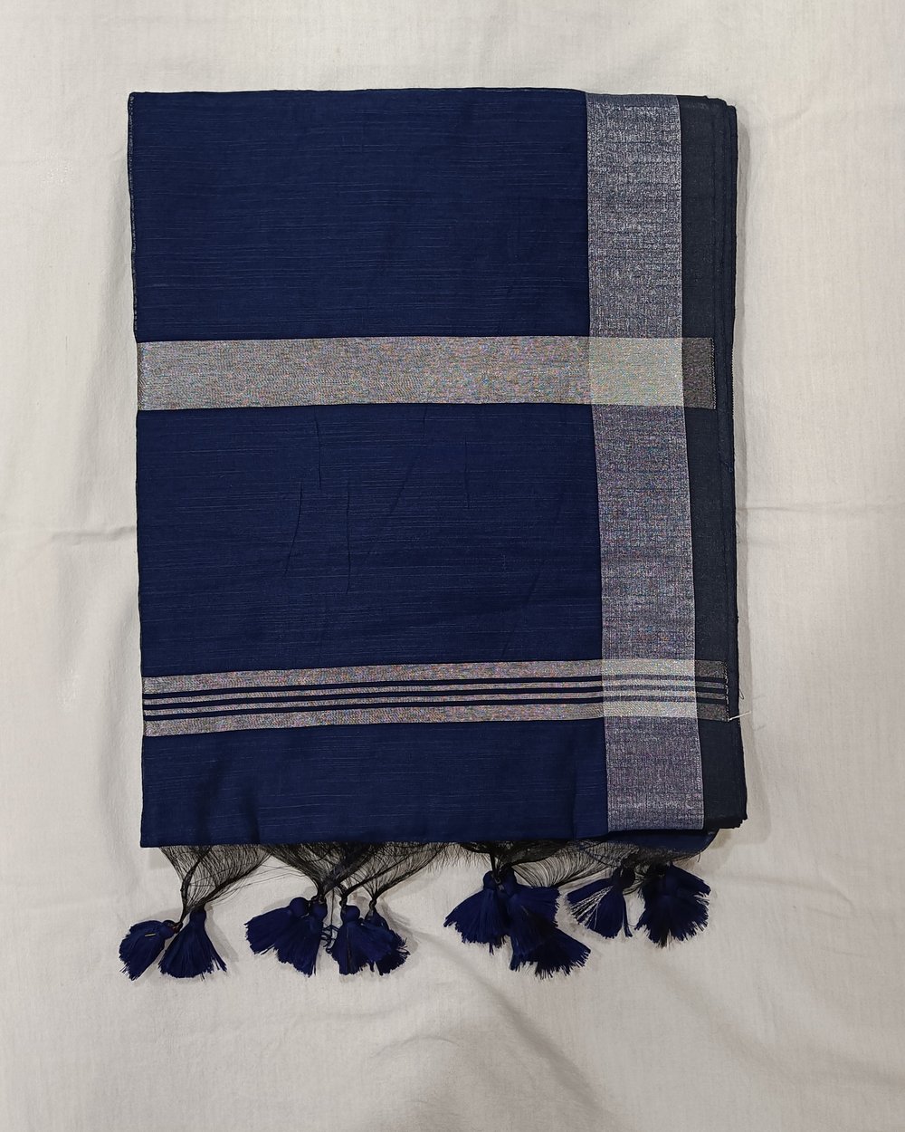 Blue Color Cotton Saree With Silver Zari Border