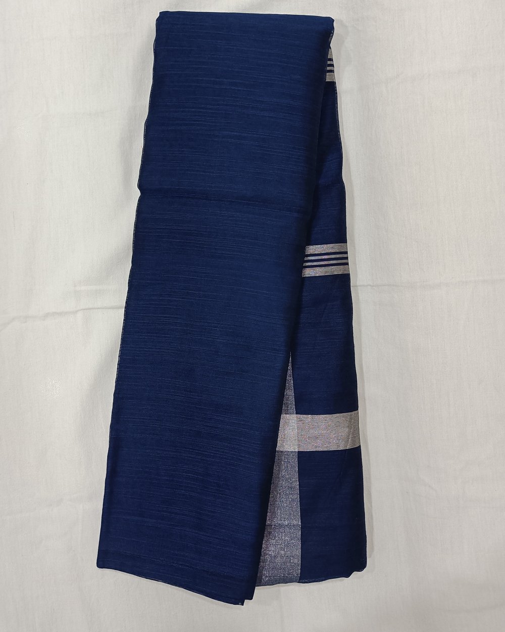Blue Color Cotton Saree With Silver Zari Border