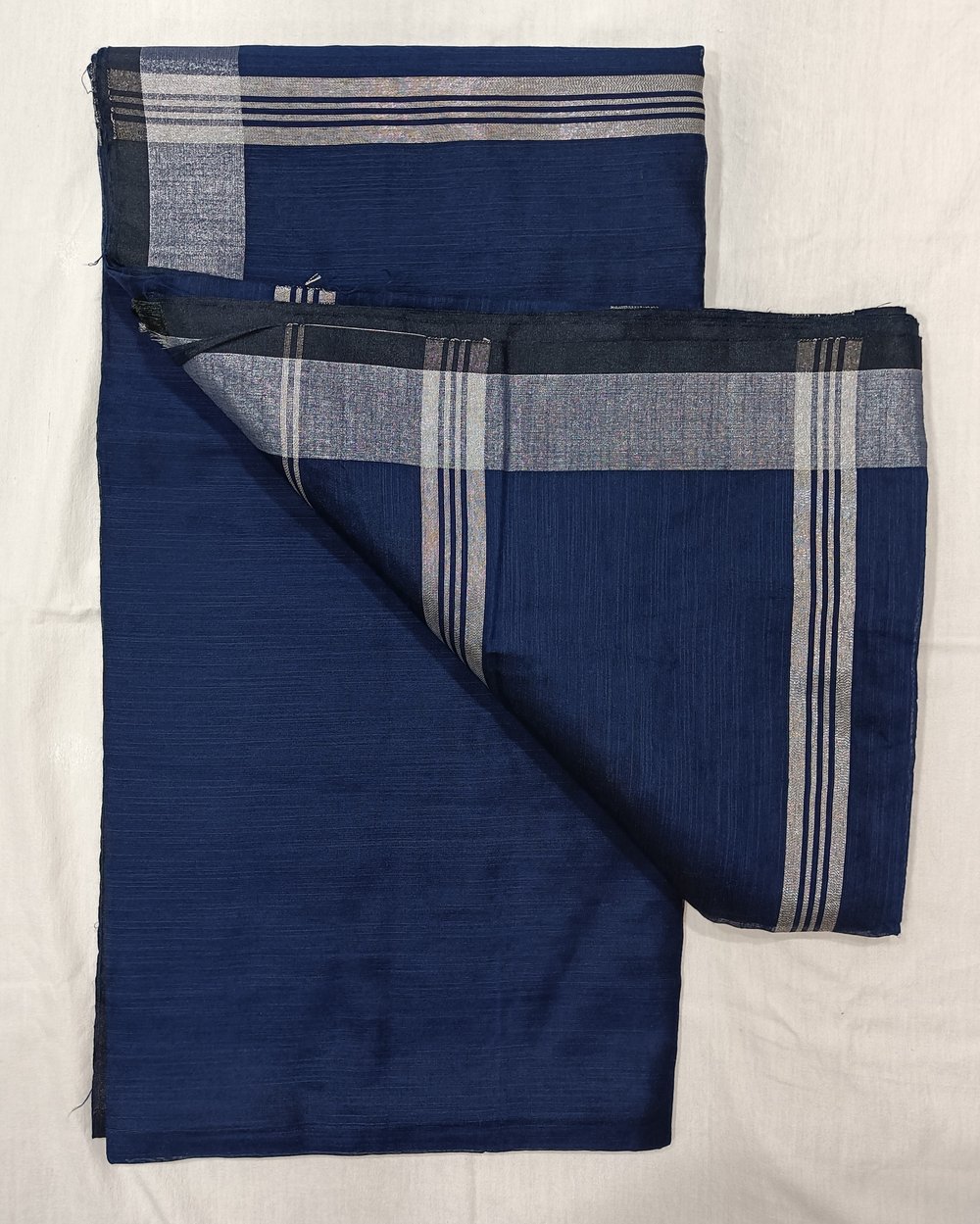 Blue Color Cotton Saree With Silver Zari Border