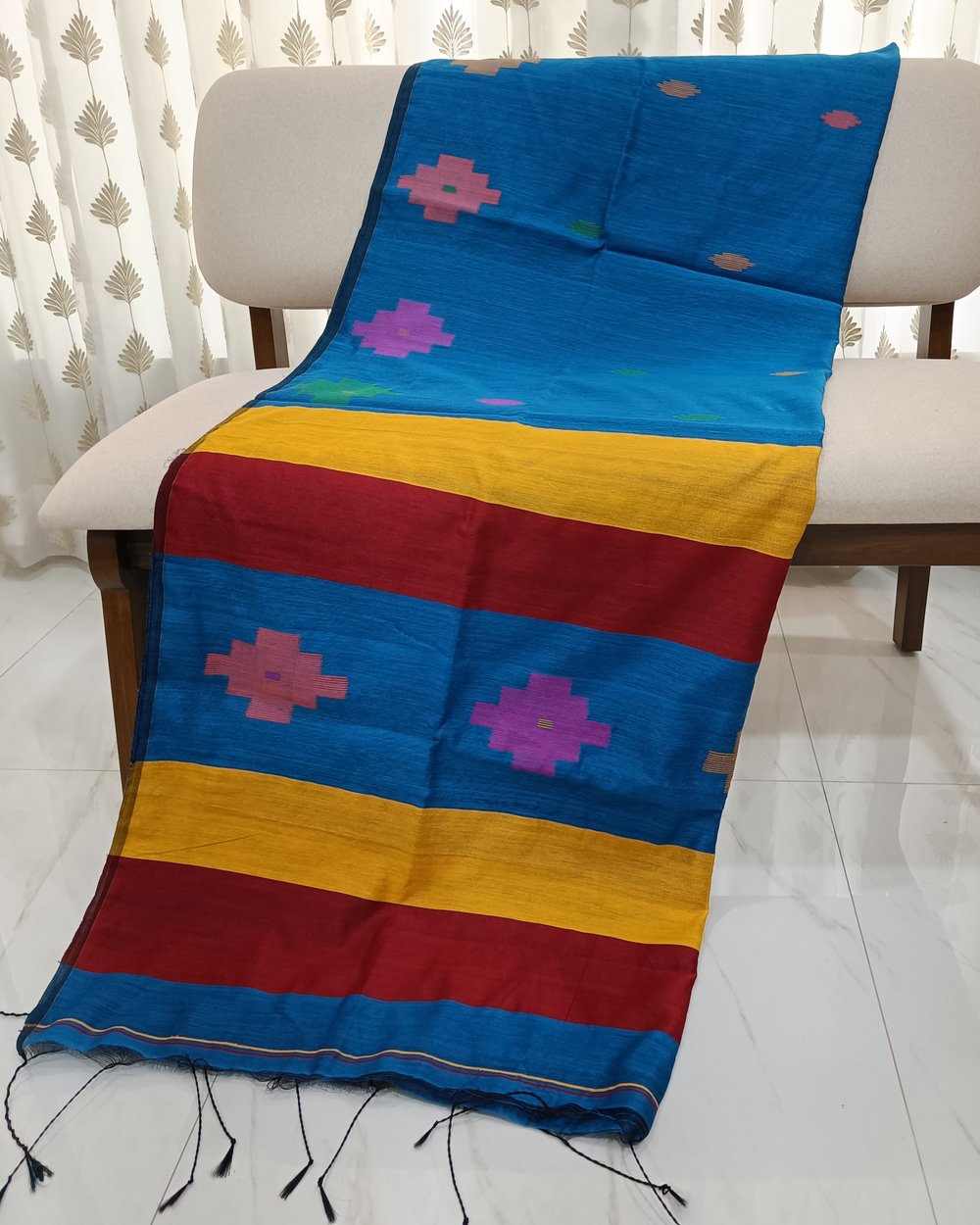 Blue Color Cotton Blended Saree With Multi Color Handwoven Design