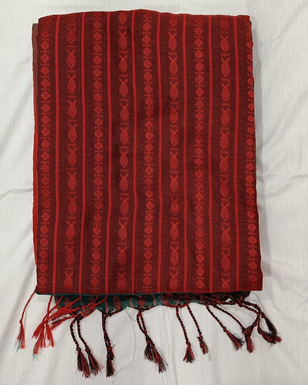 Green Khadi With Red Contrast Pallu And Fish Motifs Weaved 