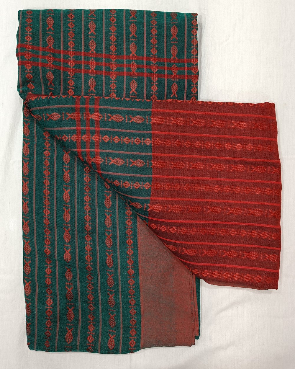 Green Khadi With Red Contrast Pallu And Fish Motifs Weaved 