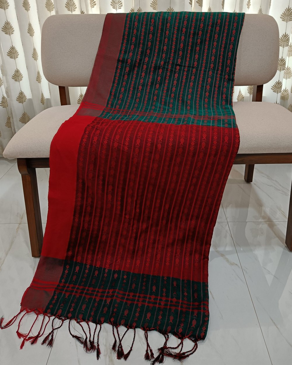 Green Khadi With Red Contrast Pallu And Fish Motifs Weaved 