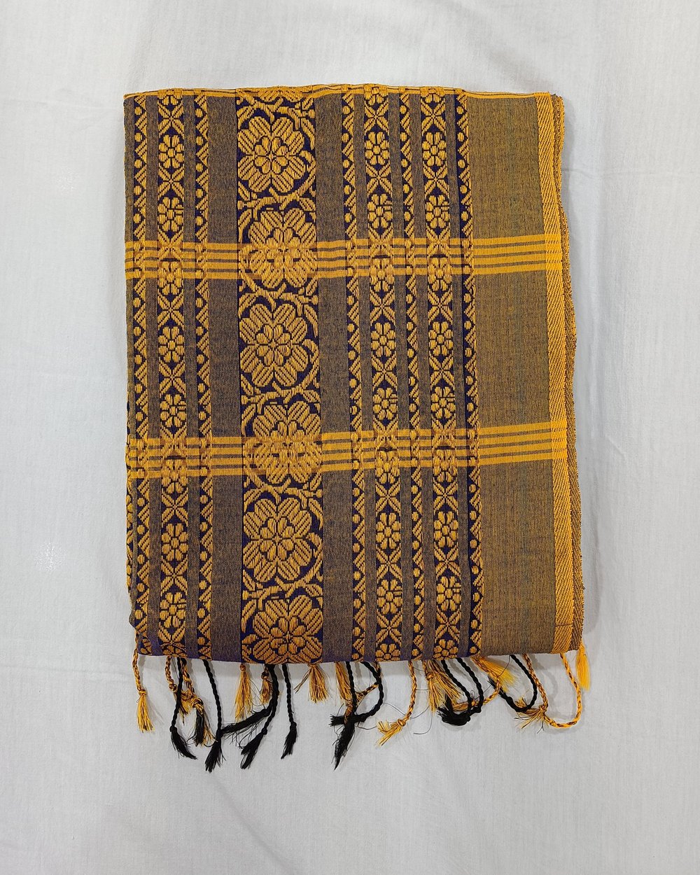 Blue Khadi Saree With Yellow Threadwork In Begumpuri Pattern