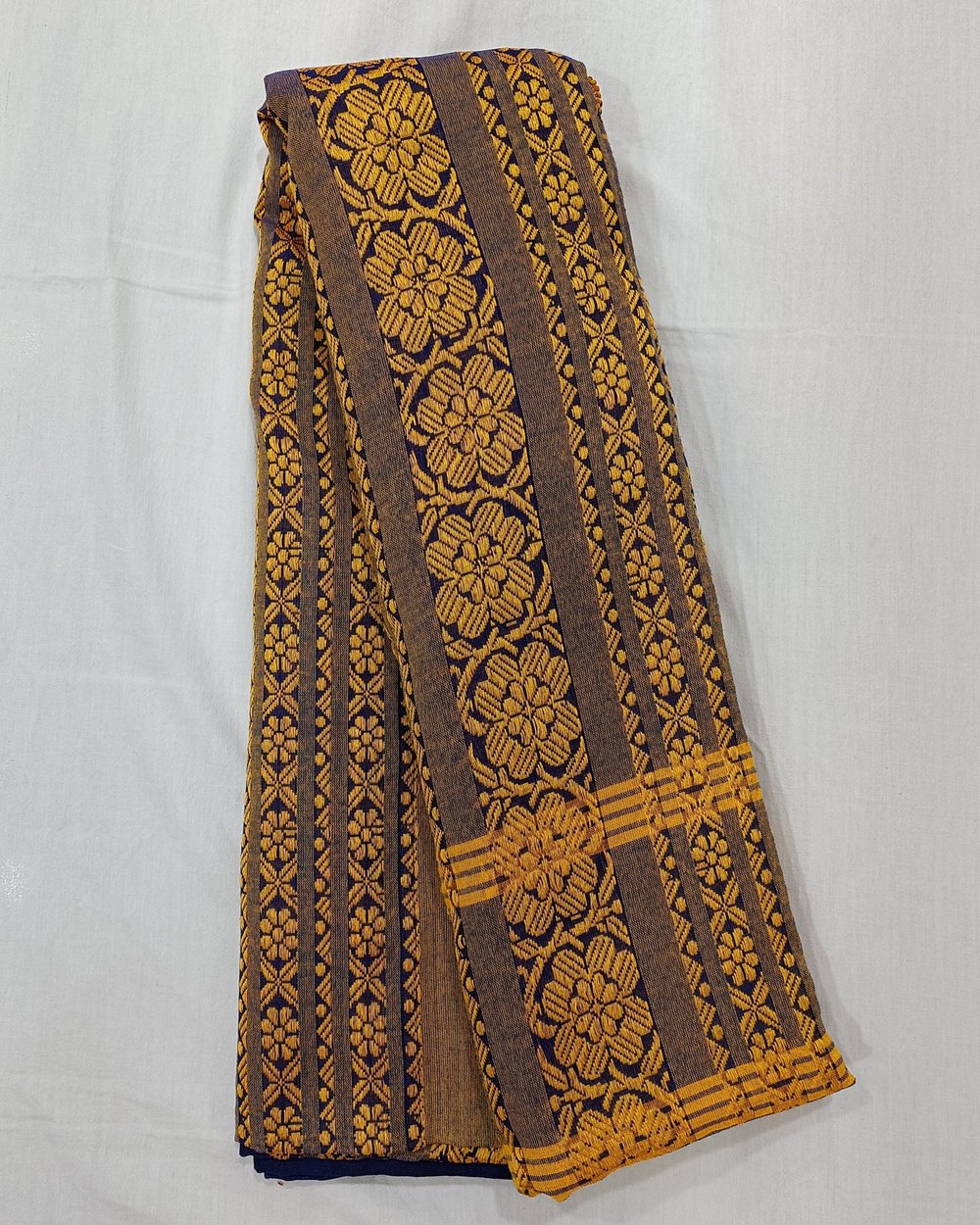 Blue Khadi Saree With Yellow Threadwork In Begumpuri Pattern
