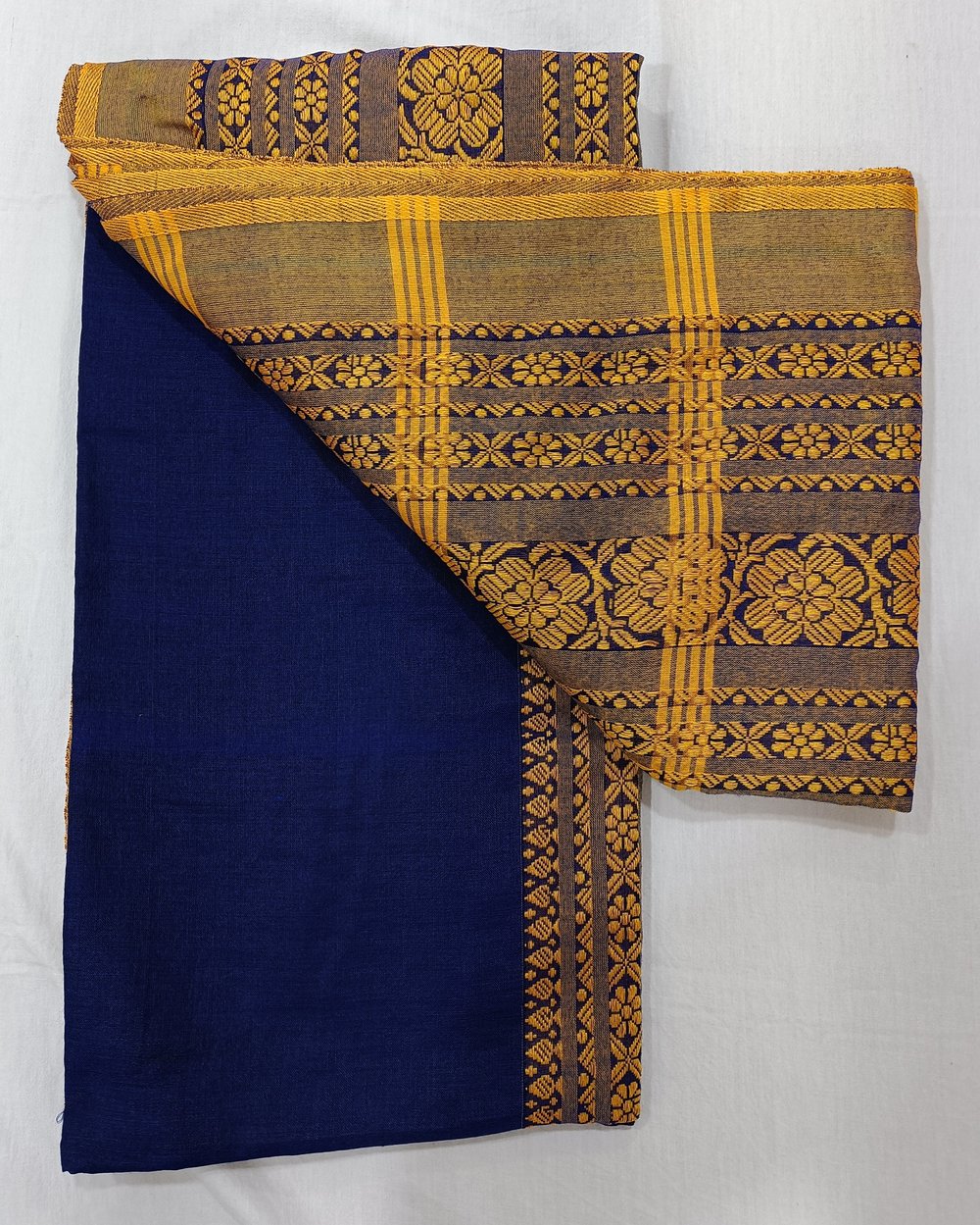 Blue Khadi Saree With Yellow Threadwork In Begumpuri Pattern
