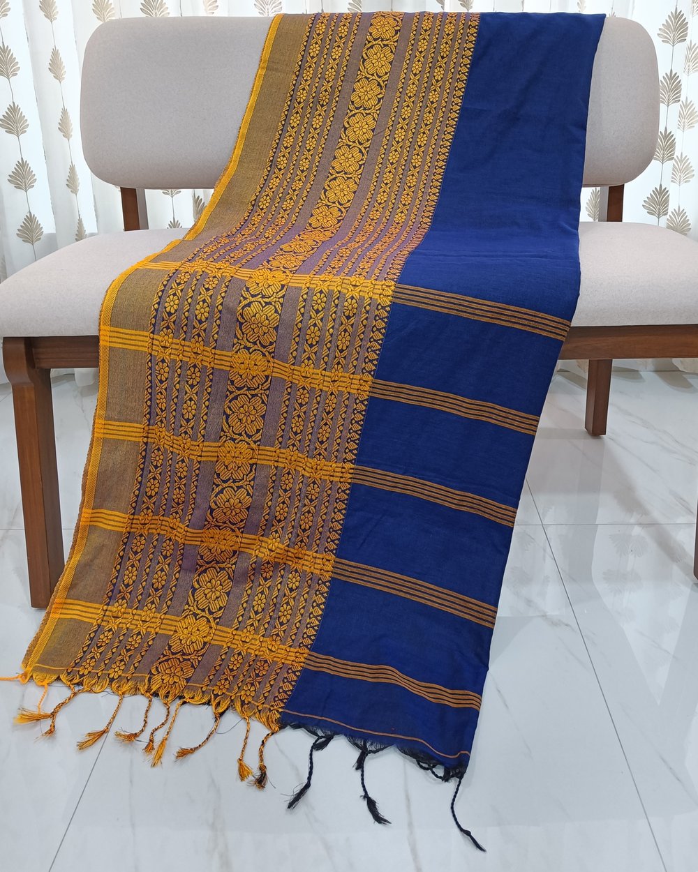 Blue Khadi Saree With Yellow Threadwork In Begumpuri Pattern