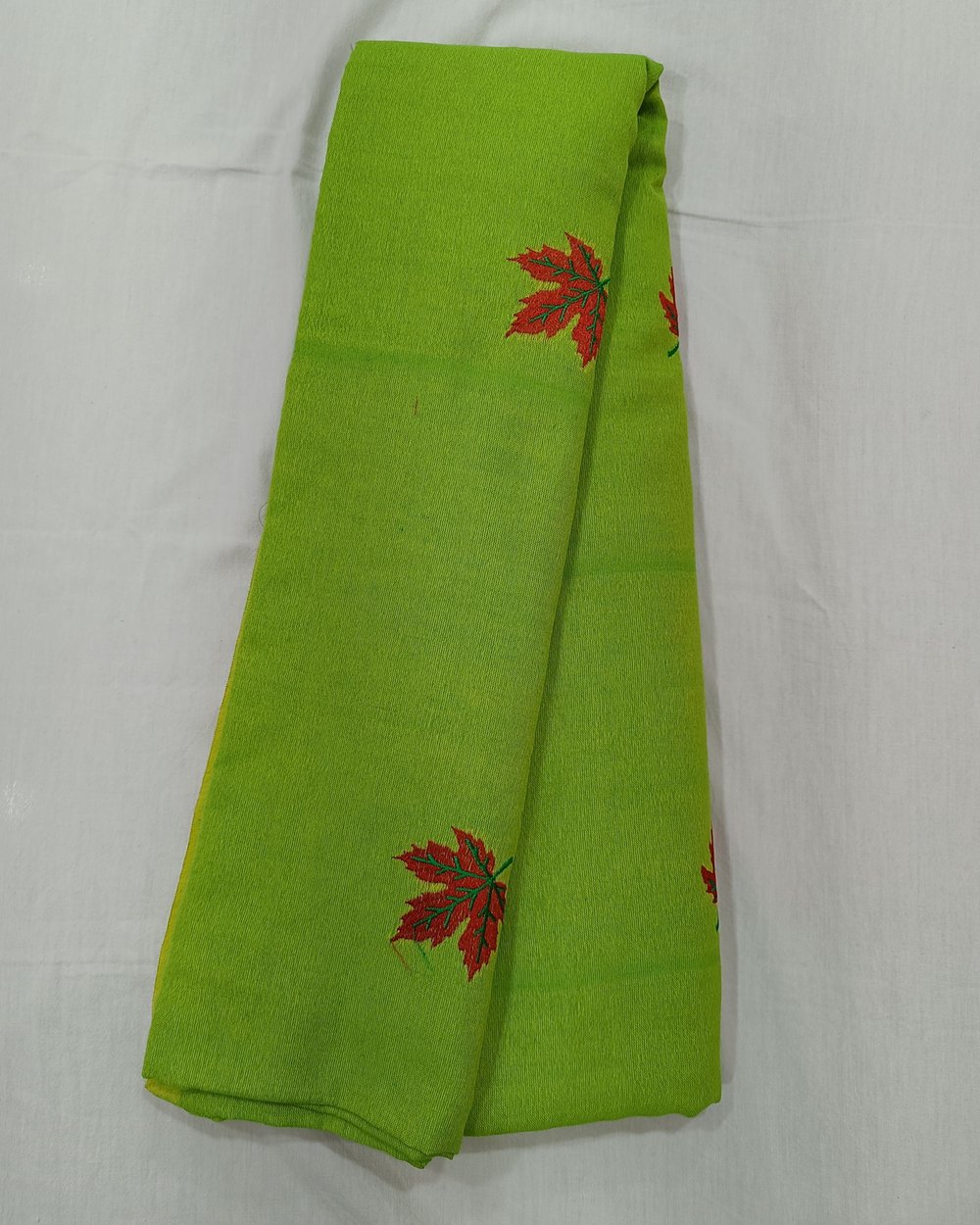 Green Color Khadi Cotton Saree With Red Maple Leaves Embroidery
