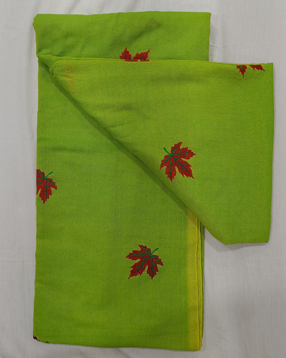 Green Color Khadi Cotton Saree With Red Maple Leaves Embroidery
