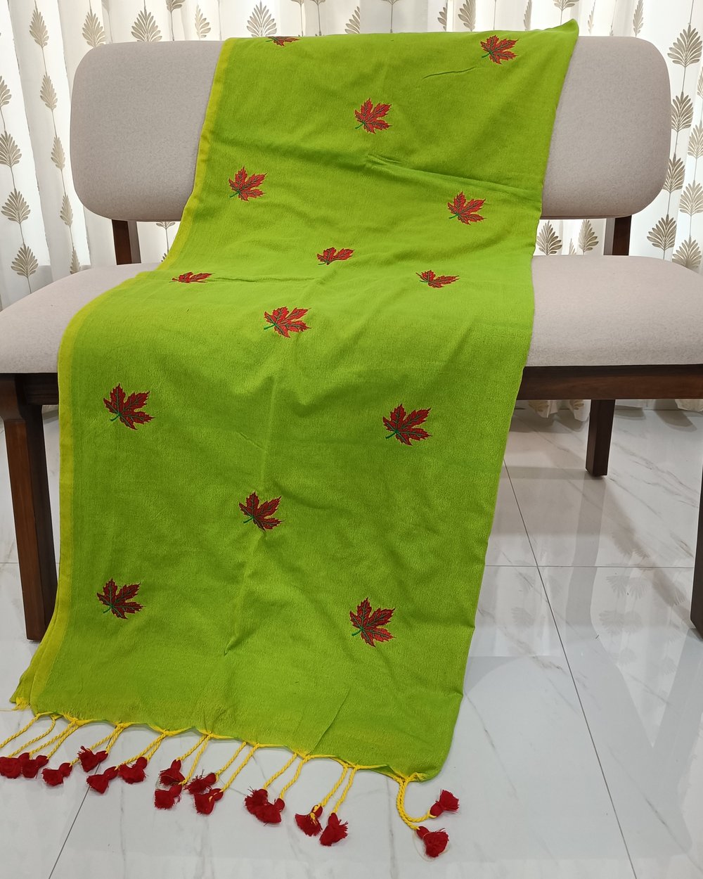 Green Color Khadi Cotton Saree With Red Maple Leaves Embroidery