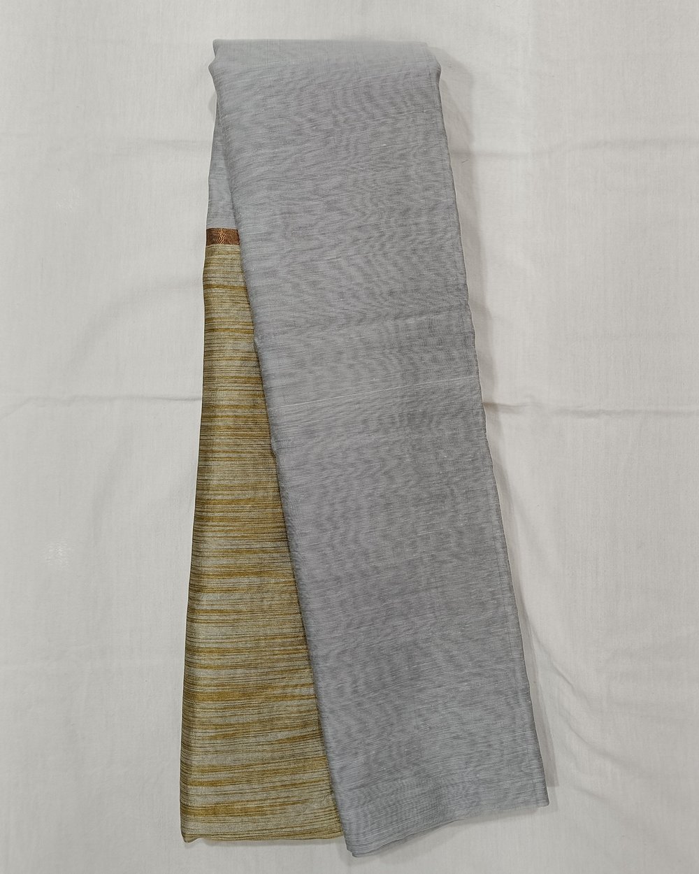 Grey Cotton Blended Saree With Golden Ghicha Weaving On Pallu