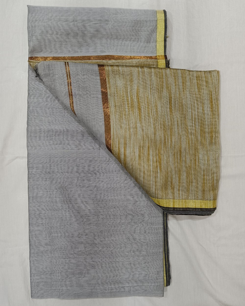 Grey Cotton Blended Saree With Golden Ghicha Weaving On Pallu