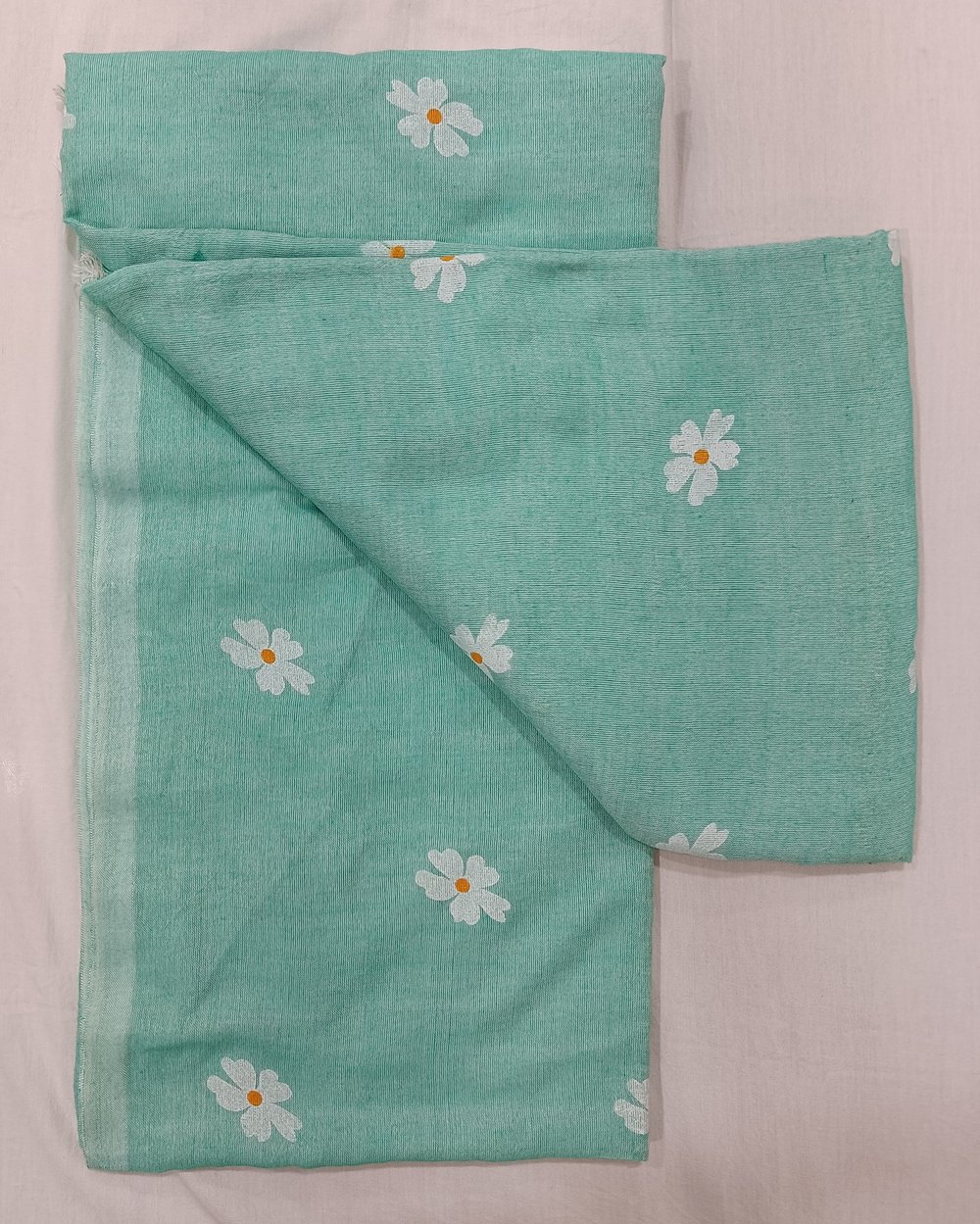 Aqua Blue Khadi Saree With Handpainted White Flowers