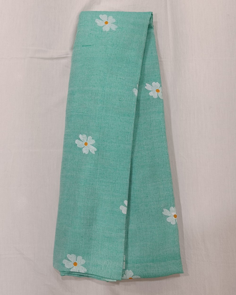 Aqua Blue Khadi Saree With Handpainted White Flowers
